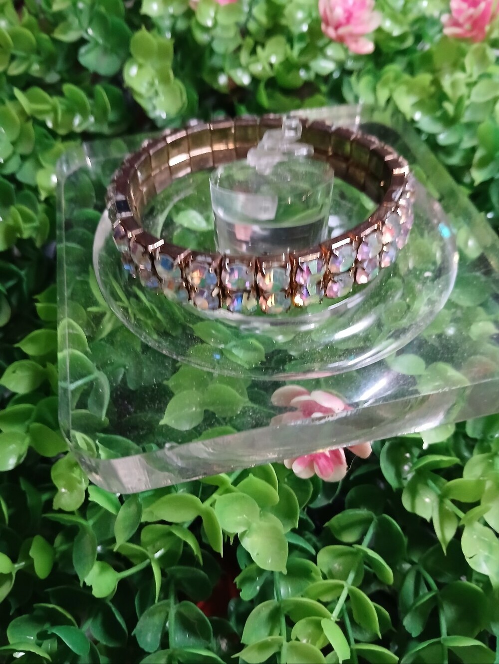Iridescent Crystal Stretch Bracelet - Gold Tone
